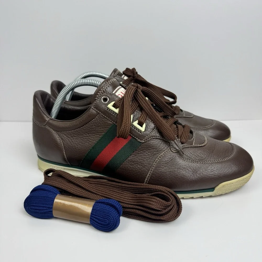 Men's GUCCI 'SL73' Brown Leather Sneakers US 8.5 GUCCI 8 G Shoes Vintage